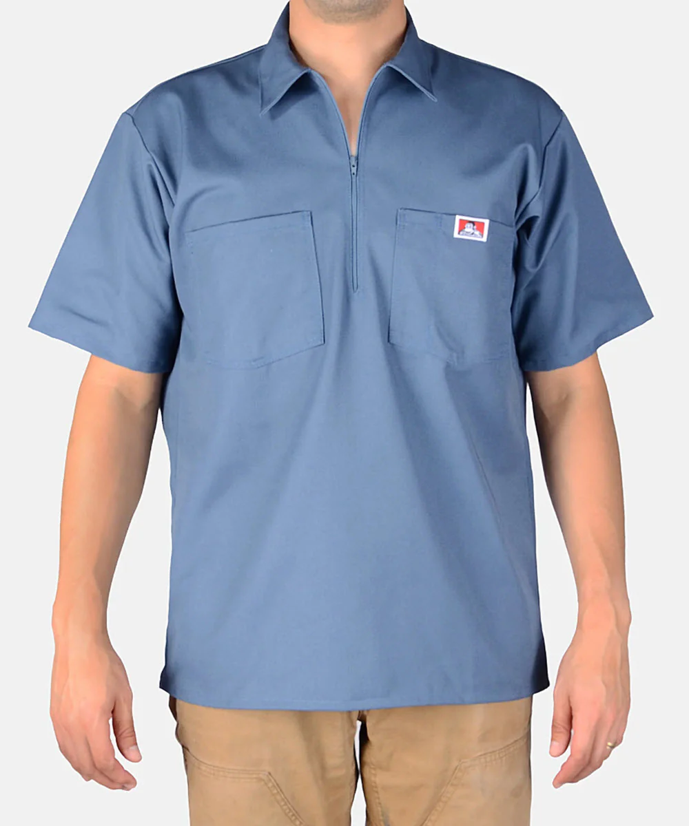 Ben Davis Short Sleeve Half-Zip Work Shirt - Steel Blue