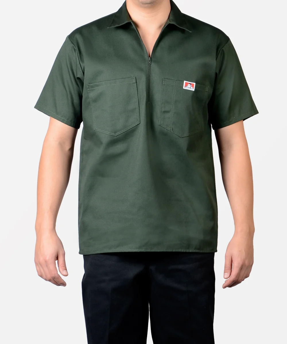 Ben Davis Short Sleeve Half-Zip Work Shirt - Olive Green