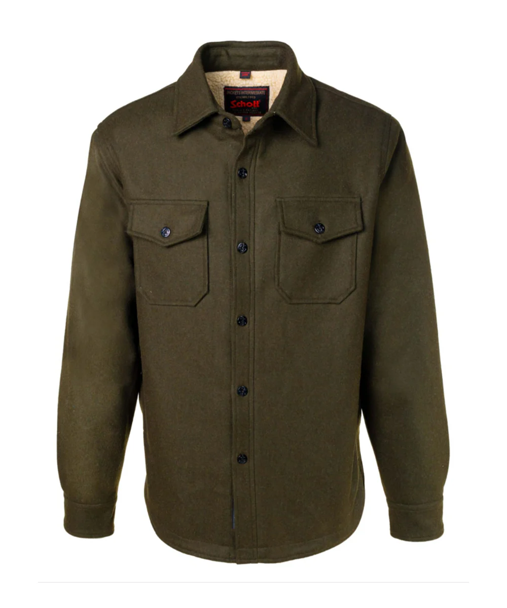 Schott NYC Men's Sherpa Lined Wool CPO Shirt - Olive
