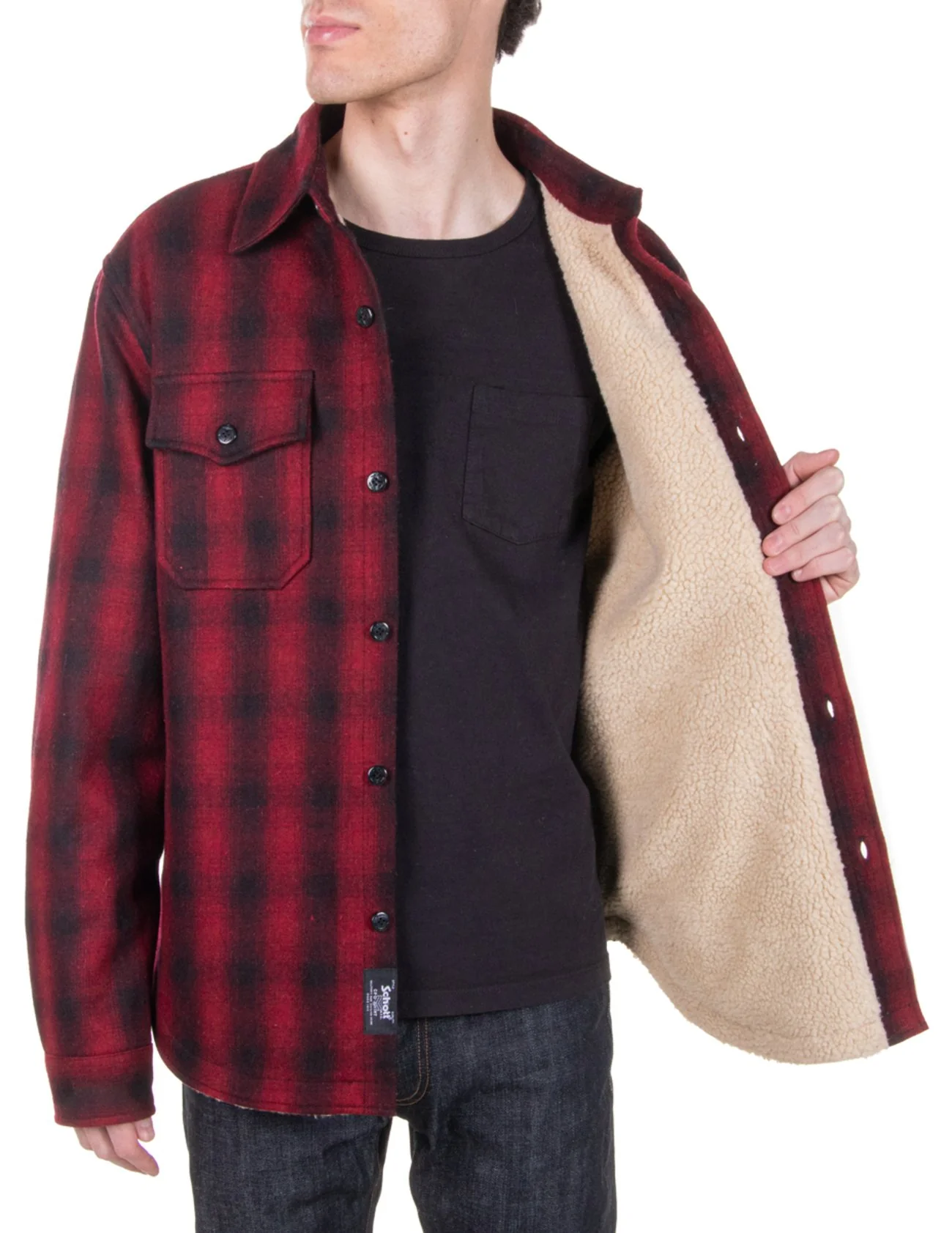 Schott Sherpa Lined Wool CPO Shirt - Red Plaid - Image 2